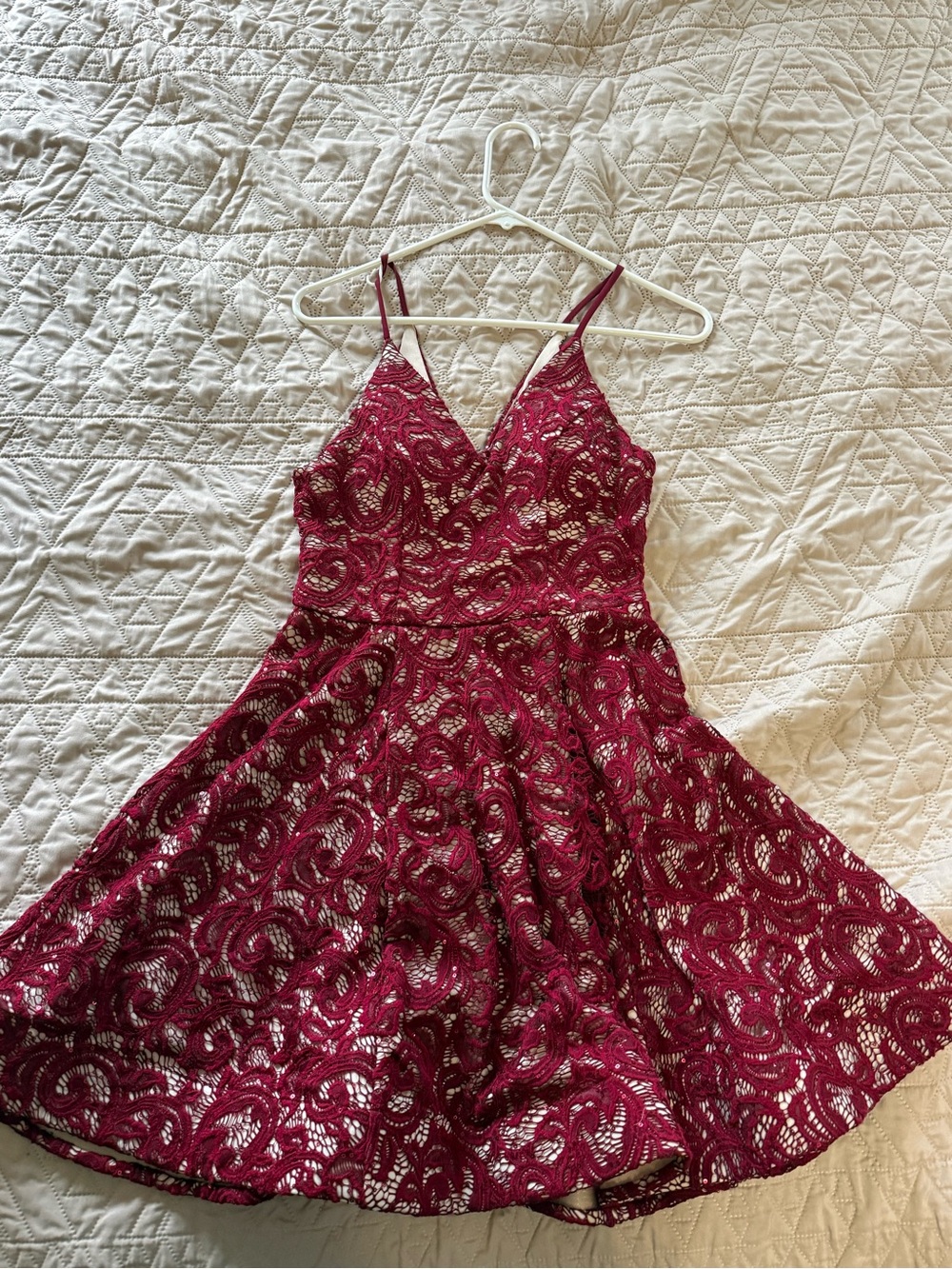 My Michelle Burgundy Lace Mini Dress with Spaghetti Straps